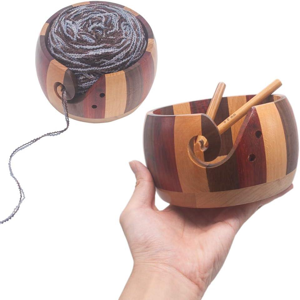 Yarn Bowl Holder, Wooden Knitting Bowl with 12pcs Crochet Hooks
