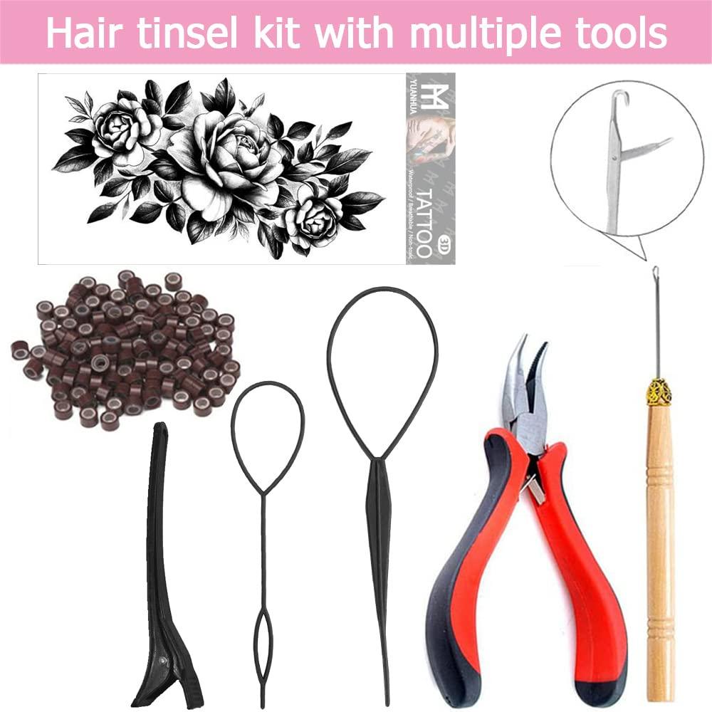 5 Pcs Hair Tinsel Kit with Tools and Beads Easy to Use 1000 Strands  48Inches Glitter Tinsel Hair Extension, Easy to Install Glitter Tinsel Hair