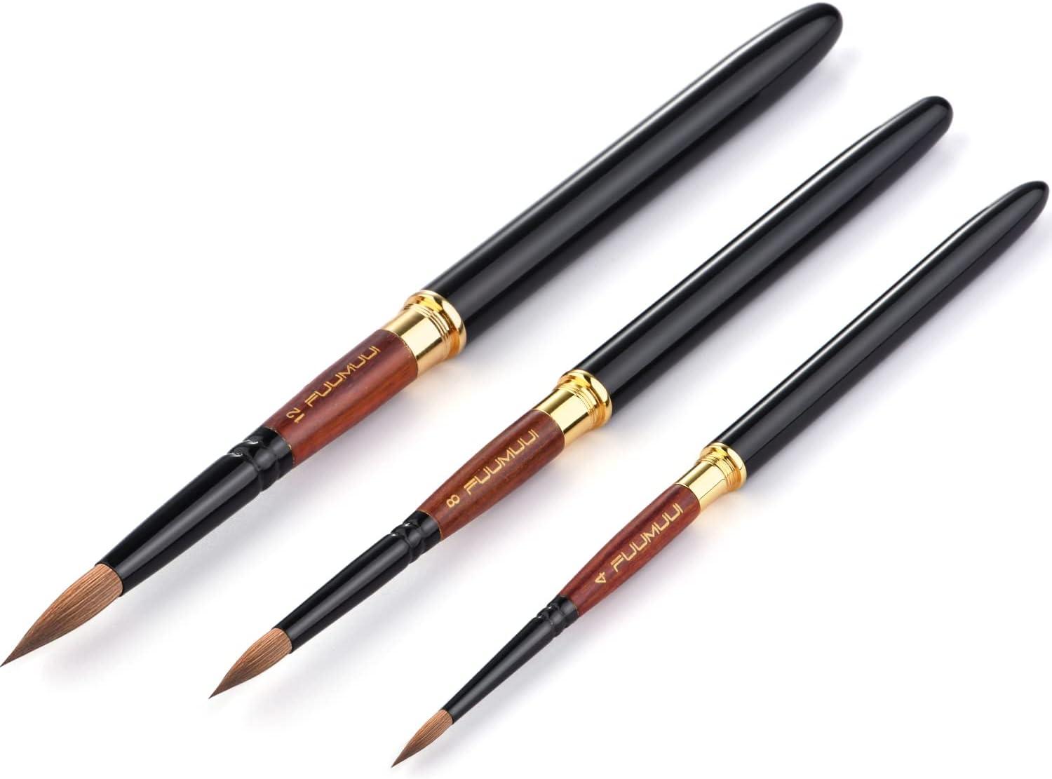 Sable Travel Watercolor Brushes, 3pcs Kolinsky Sable Hair Round Artist Paint Brushes with Pocket Protective Case, Perfect for Watercolor Acrylics