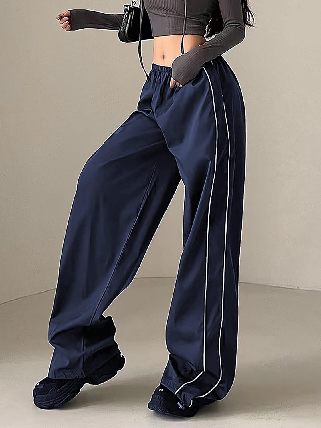 Embossed Wide Leg Track Pants - Navy Blue, Women's Trousers & Yoga Pants