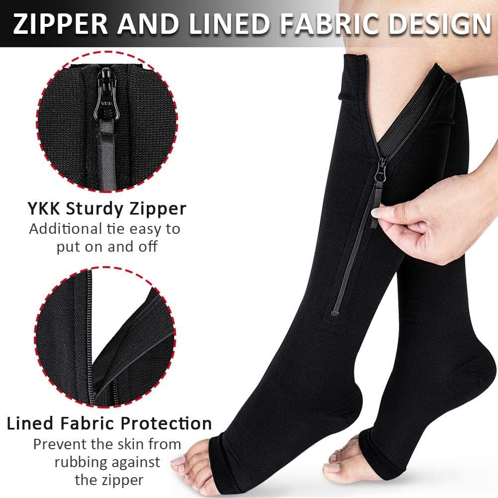 1Pair Zipper Compression Socks Open Toe Leg Support Easy-on Off