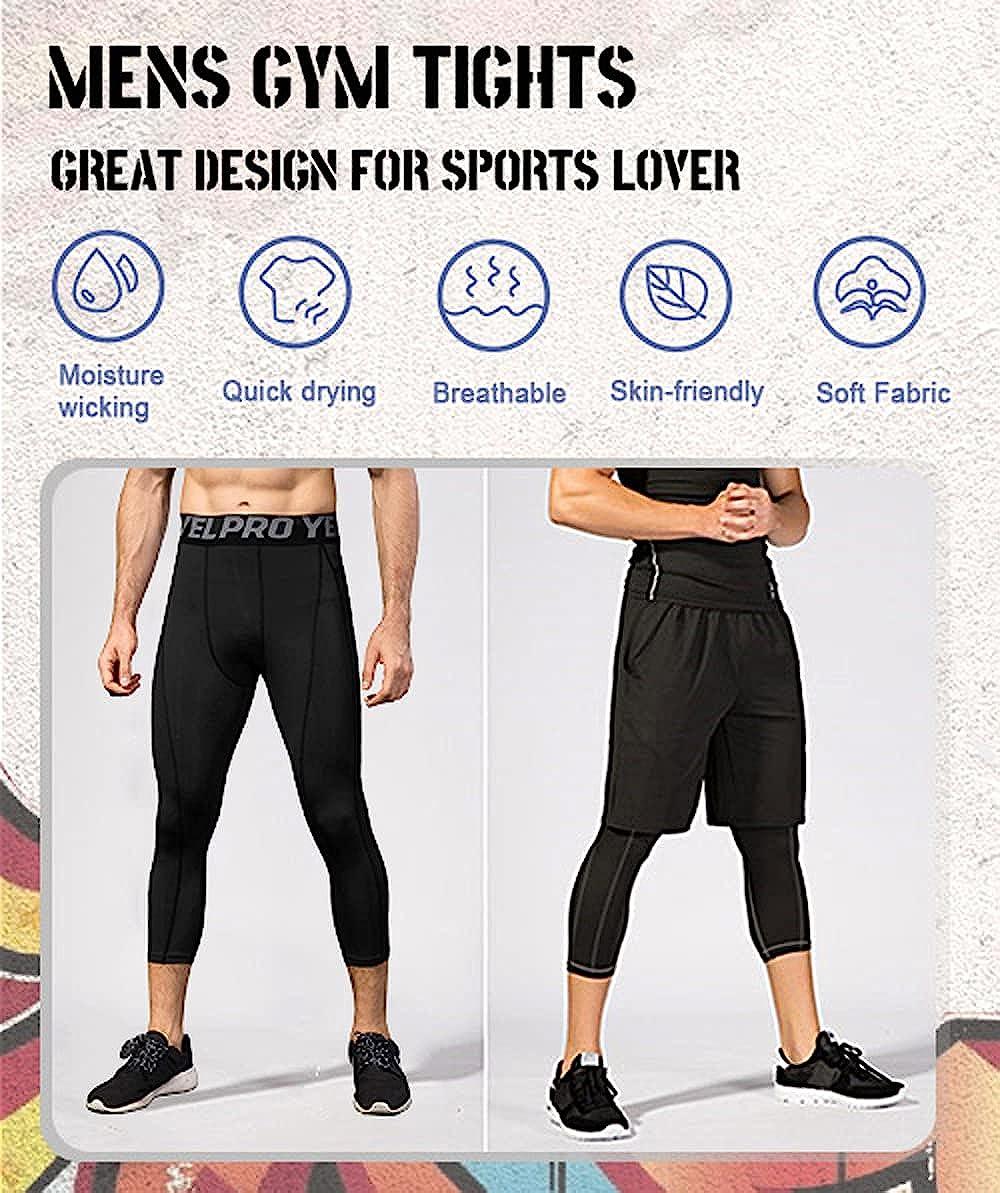 Men's 3/4 Compression Pants Leggings Tights, Cool Dry Sport