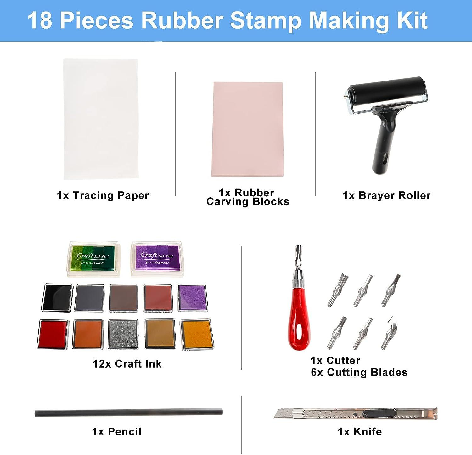 Hakkin 26Pcs Rubber Stamp Making Kit, Block Printing Starter Tool Kit,  Linoleum Cutter with 6 Type Blades, Rubber Carving Block, Tracing Paper