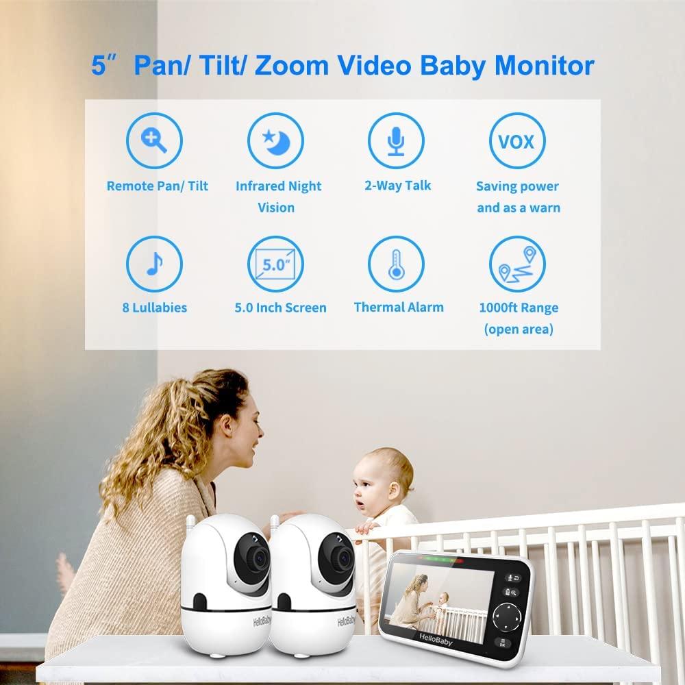 5 Baby Camera Monitor, Hello Baby Monitor with Cameras and Audio, 2 Cameras  Remote Pan/ Tilt/ Zoom, VOX Mode, Night Vision, 2-Way Talk, 8 Lullabies,  Temperature and 1000ft Range HB6550-Two Cams, baby