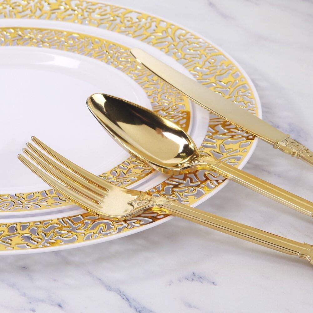 WDF 100pcs Clear Plastic Plates With Gold Trim - Baroque Clear