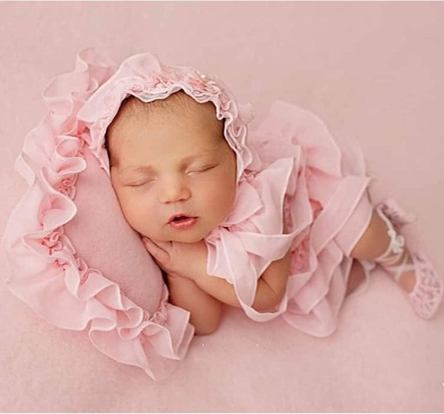 Yuehuam Newborn Photography Prop Girl Outfits Baby Lace Romper Hat Pillow  Shoes Set Infant Photoshoot Skirt Clothes Pink