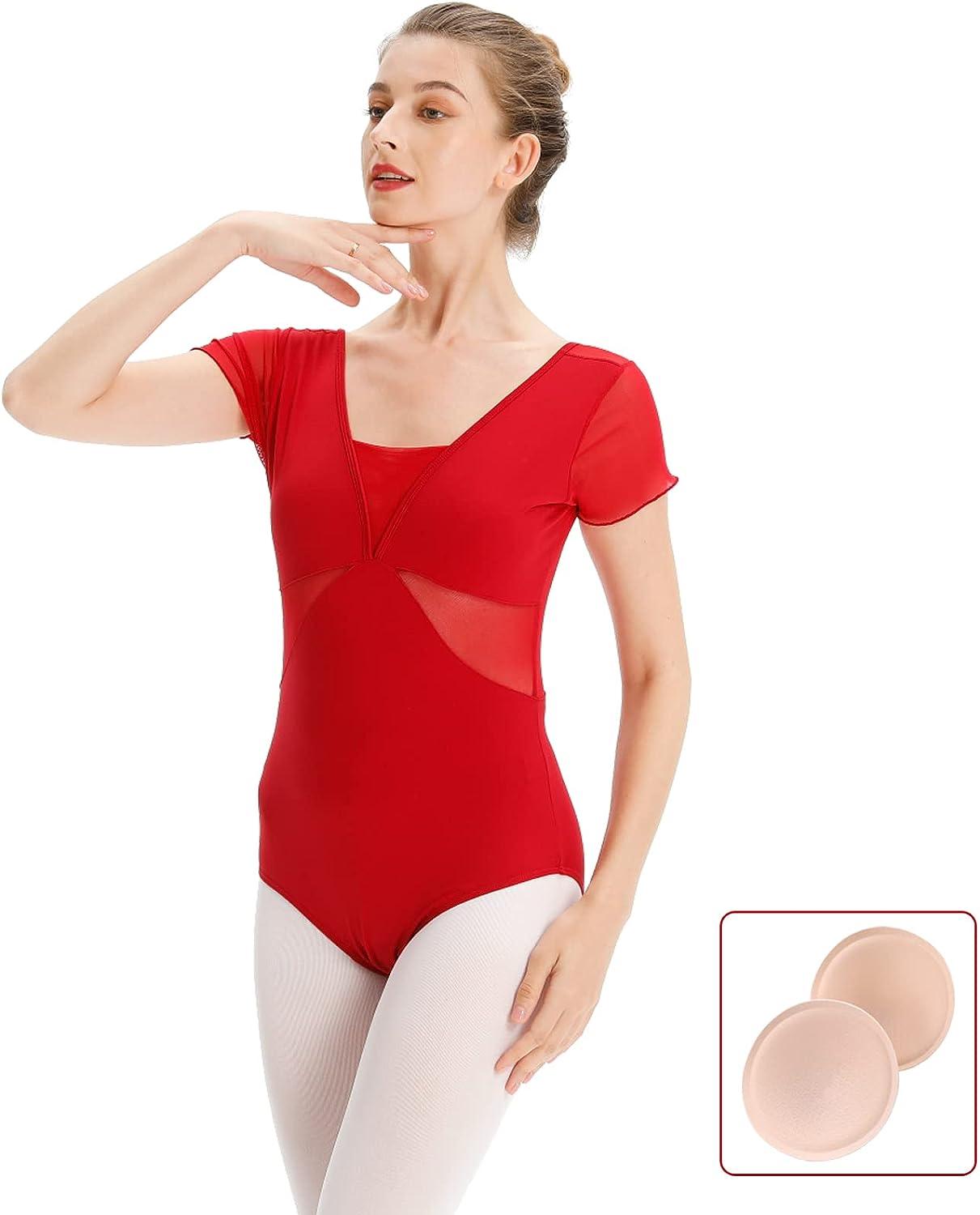 EASTBUDDY Ballet Leotards for Women Dance Leotard for Girls Short Sleeve  Bodysuit with Removeable Bra Small Red