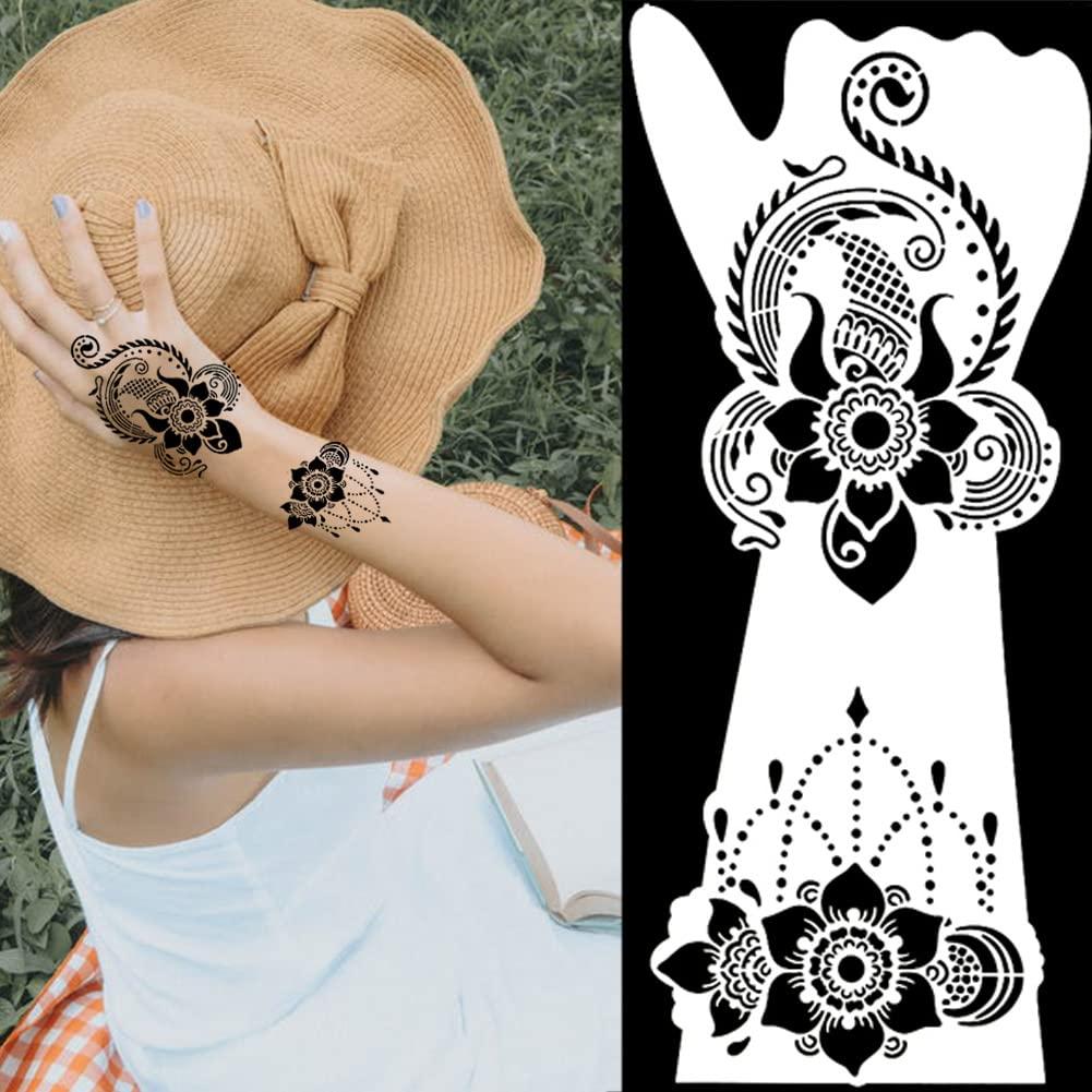QSTOHENA 12 Sheets Large Henna Tattoo Stencils Kit,Reusable Self Adhesive  Tattoo Template For Women Girls Hand Body Paint Indian Arabian Tattoo