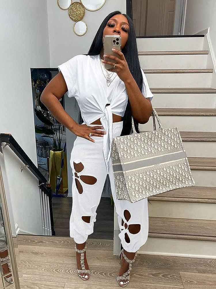 Women 2 Piece Outfits Summer Casual Short Sleeve Knot Crop Top Flower  Hollowed Out Sweatpants Tracksuit Allwhite Large