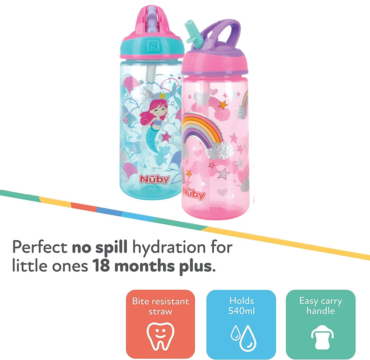 Nuby 2-Pack Kid's Printed Flip-it Active Water Bottle with Push Button Cap  and Soft Straw - 18oz / 540ml, 18+ Months, 2-Pack, Unicorns/Sweet Treats