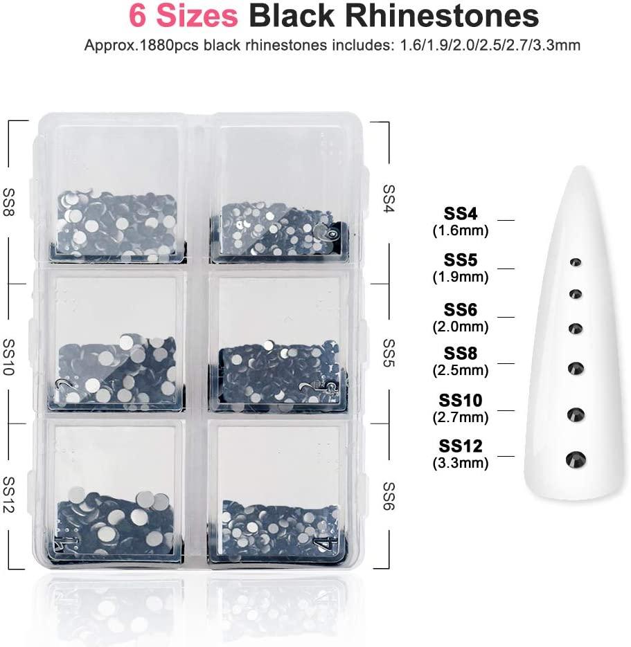 Black Nail Art Rhinestones, Glass Flat Back Rhinestones, Crystals Nail Gems  for Nail Design, Rhinestones for Crafts, Face, 3D Nail Jewels Rhinestones  Set with Rhinestone Picker Dotting Pen (1880Pcs)