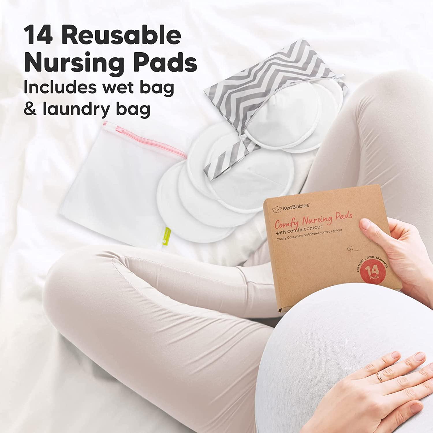 Organic Bamboo Viscose Nursing Breast Pads - 14 Washable Pads + Wash Bag,  3-Layers Breastfeeding Nipple Pad for Maternity, Reusable Nipplecovers for