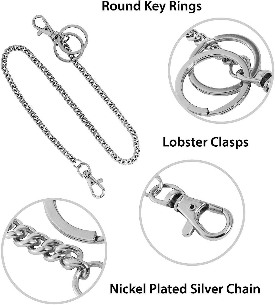 18 Silver Nickel Plated Pocket Keychain String with Both Ends Lobster Claw  Clasp Trigger Snap Handle for Belt Loop, Purse Handbag Strap, Keys, Wallet,  and Traveling