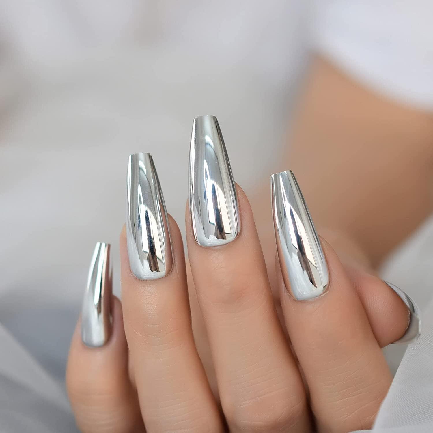 Magic Mirror Silver Gradient Press On Nails, Punk Style Fake Nails With  Symbol Letter Design, Glossy Full Cover Big Heart Rhinestone False Nails  For Women And Girls - Temu Australia