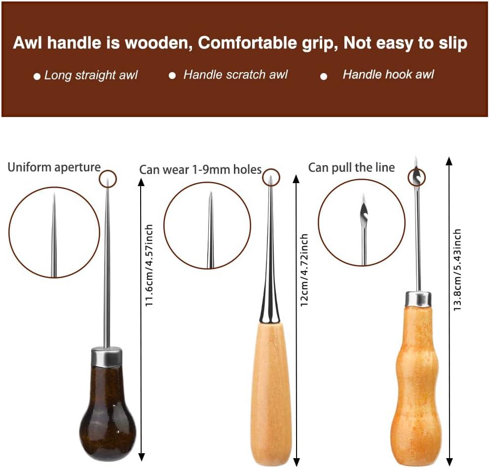 2PCS/Set Wooden Handle Awls DIY Leather Sewing Awl Shoes Repair