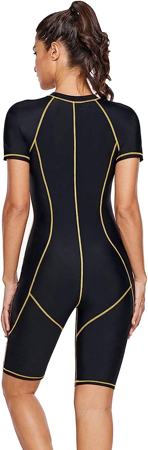 Seam Contoured Zip Front Swimsuit Black Yellow Short Wetsuit