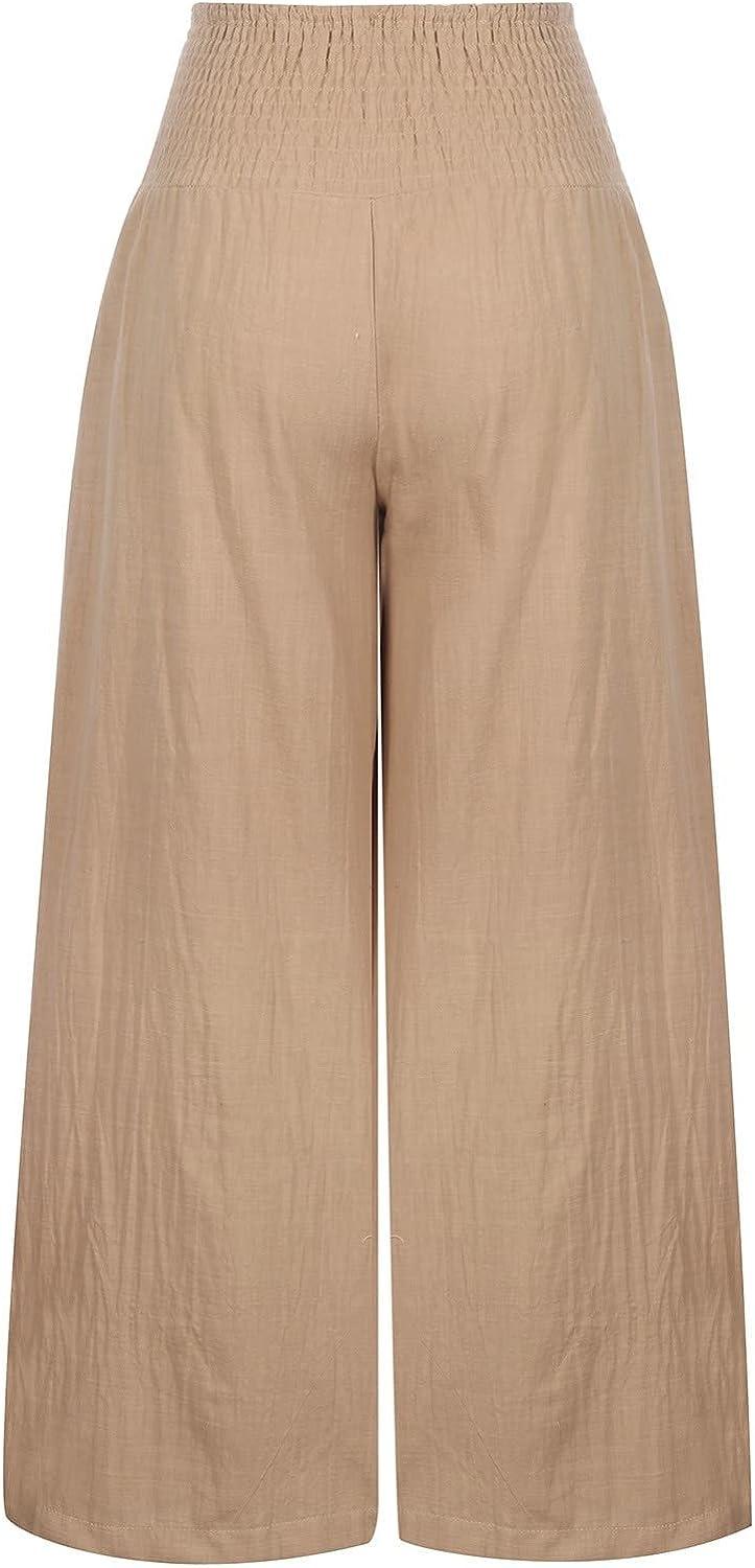 Ssuyeuri Linen Pants for Women 2023,High Waisted Wide Leg Pants Loose Fit  Palazzo Beach Trouses Cute Baggy Lounge with Pocket Linen Pants-03-khaki  Large