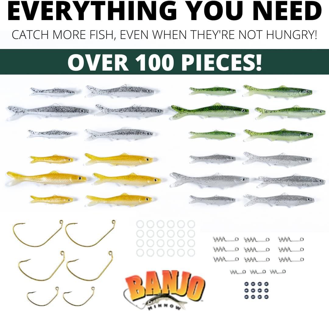 Banjo Minnow 102 Piece Kit + Lifelike Lure for All Fish + Durable Material  That Catches Fish + Freshwater & Saltwater Fishing Lure + Hooks & Anchors