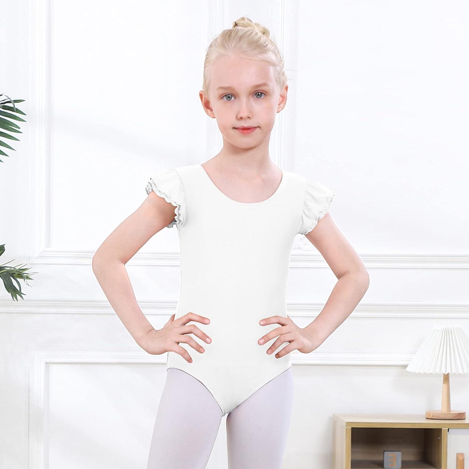 White Lined Short Sleeve Leotard for Toddler & Girls