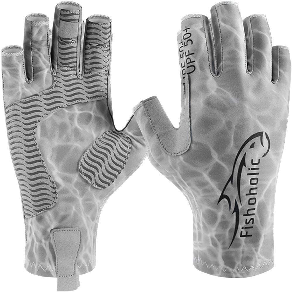 Fishoholic Fingerless Fishing Gloves (2 Colors) UPF50+ w' Super Grip & Sun  Protection Glove for Men and Women Kayaking Paddling Biking Hiking or  Rowing (R) Fishaholic 1: GreyCamo L / XL