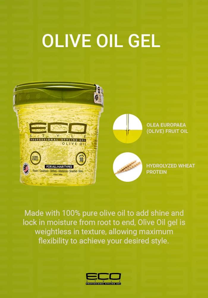 Ecoco Eco Style Gel Olive Oil - 100% Pure Olive Oil - Adds Shine And Tames  Split Ends - Weightless Style - Nourishes And Repairs - Adds Moisture To  The Scalp 