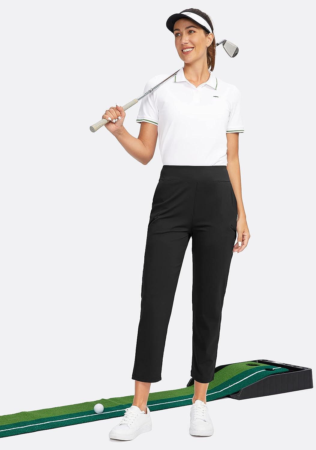 SANTINY Women's Golf Pants with 3 Zipper Pockets 7/8 Stretch High Waisted  Ankle Pants for Women Travel Work Black Medium