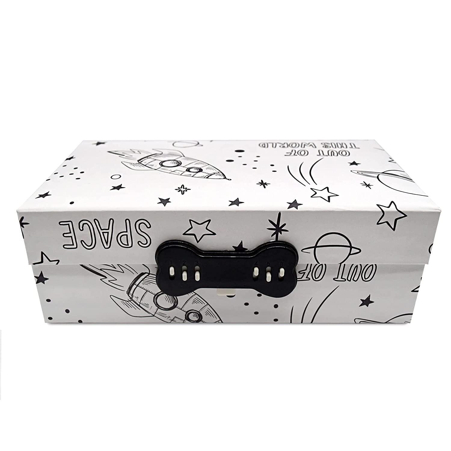 OccasionALL- Kids Jewelry Box 1 Pack Keepsake Paper Box for Boys and Girls, Safe with Combination Lock, Treasure Box for Cards White