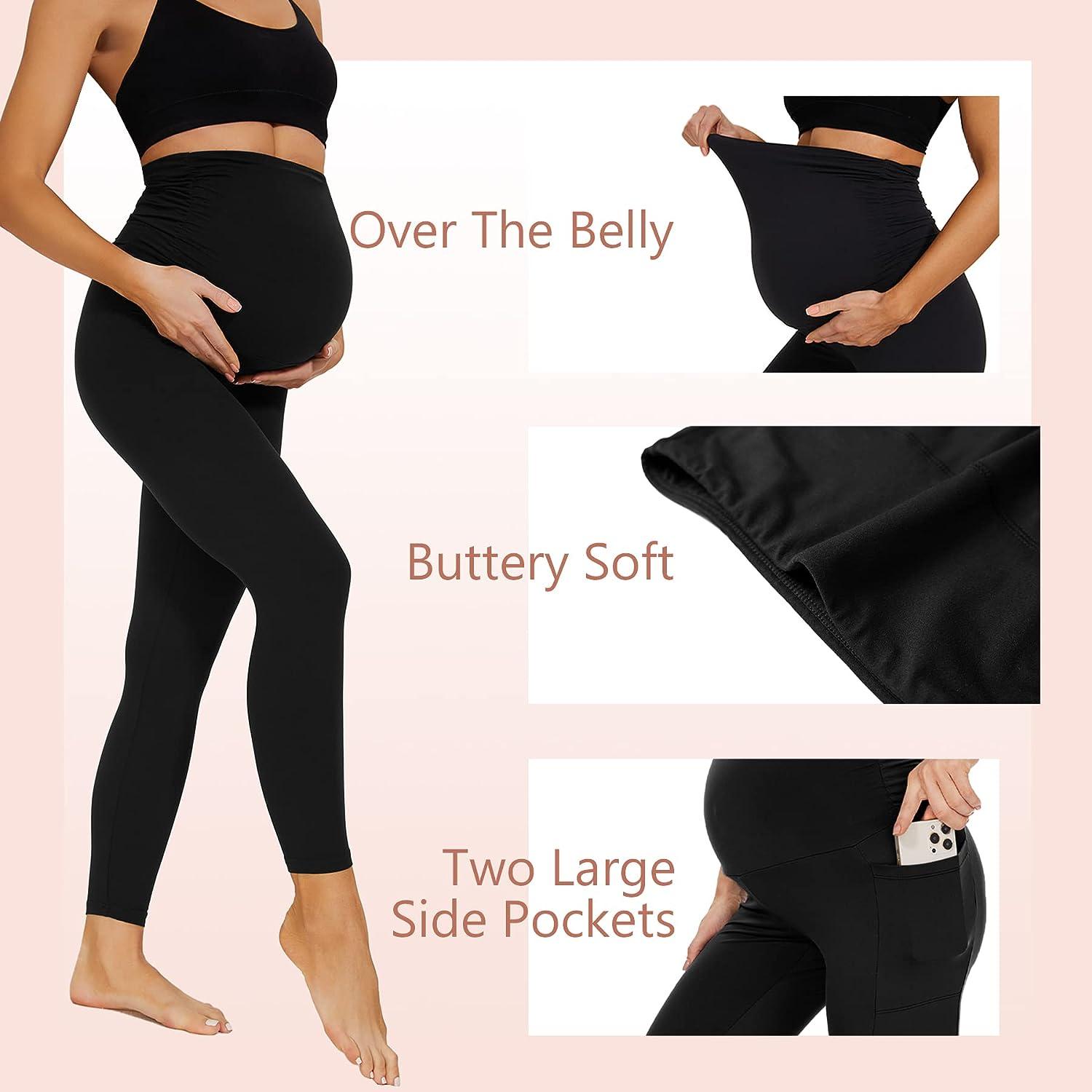 HIGHDAYS Women's Maternity Workout Leggings Over The Belly Pregnancy  Stretch Yoga Active Pants with Pockets Black-with Pockets Medium
