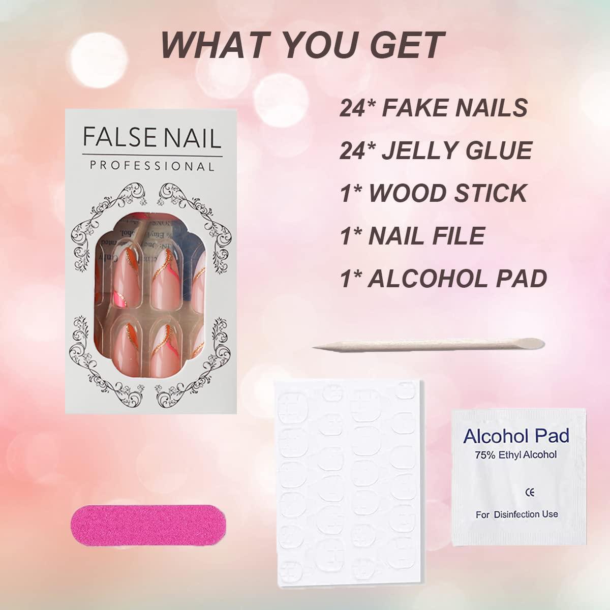 Medium-Style Artificial Nails with Geometric Line Diamante Fake Nails with  Shimmering Powder 24Pcs Full Cover Fake Nails Glue Models - Walmart.com