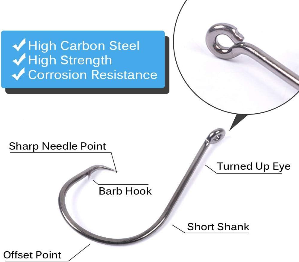 UCEC 100pcs/Box Offset Straight Shank Round Bend Worm Hook, 3X Strong  Customized Bass Offset Hooks Black High Carbon Steel Fishing Hooks - 6  Sizes: #1