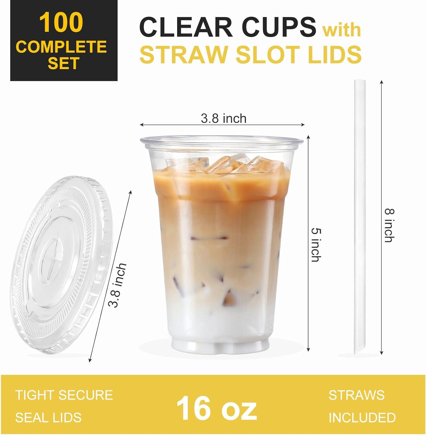 16 oz Disposable Clear Plastic to go Cups with Lids and Straws For Ice  Coffee,Bubble