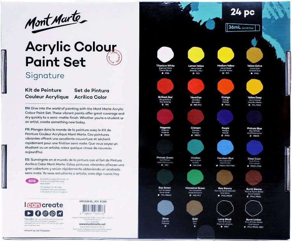 Mont Marte Acrylic Paint Set 24 Colours 36ml, Perfect for Canvas, Wood,  Fabric