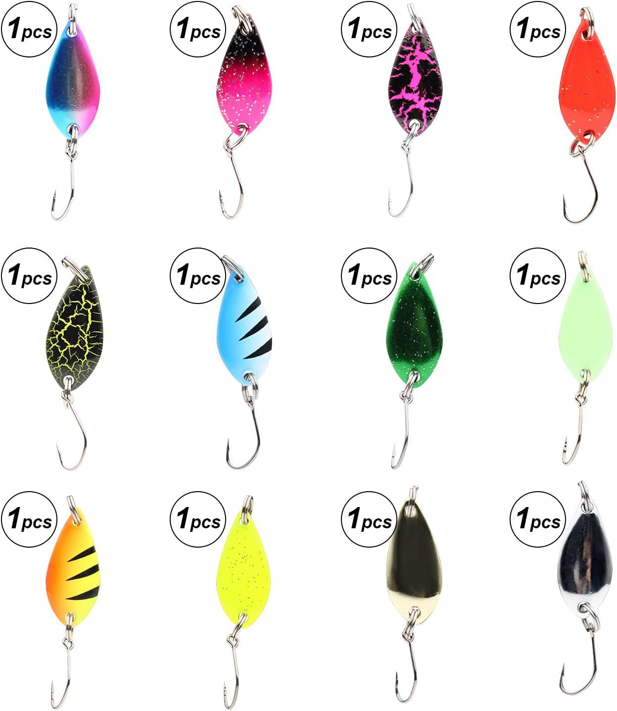 FREGITO Fishing Lures,Fishing Spoons, Colorful Casting Fishing Spinner Hard  Baits Tackle Single Hook for Trout Bass Salmon Freshwater Saltwater with  Metal Hooks 12pcs Multiple Colors