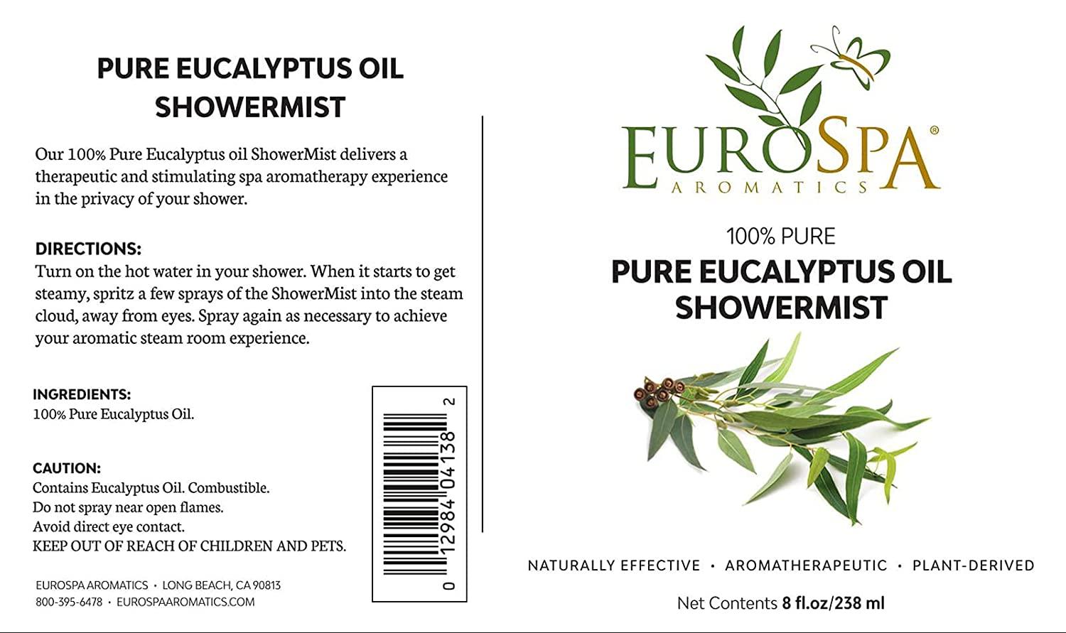 EuroSpa Aromatics Pure Eucalyptus Oil Shower Mist Spray Aromatherapy 8 Oz, Menthol  Infused 