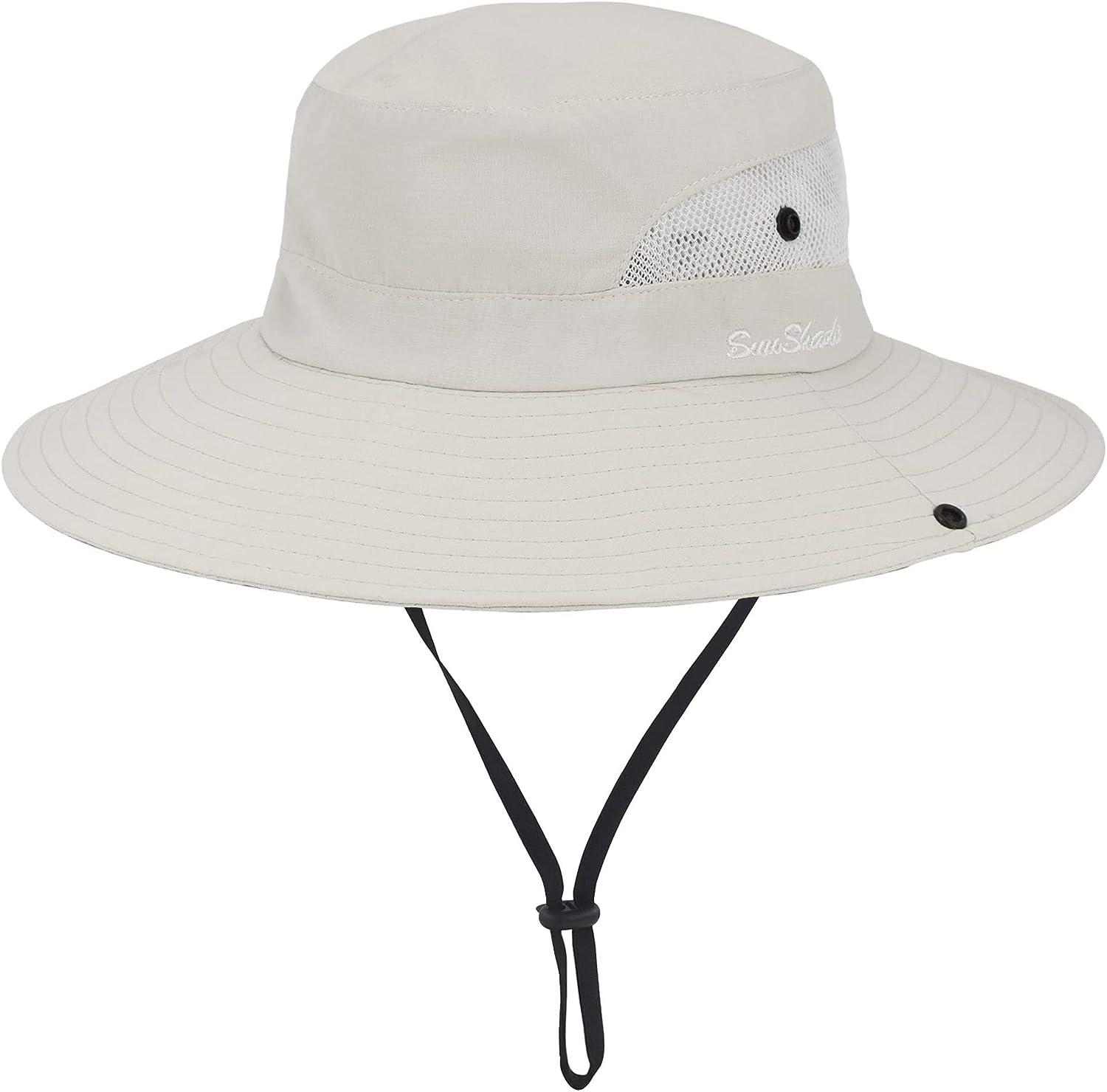 Womens Summer Sun-Hat Outdoor UV Protection Fishing Hat Wide Brim Foldable- Beach-Bucket-Hat with Ponytail-Hole Beige