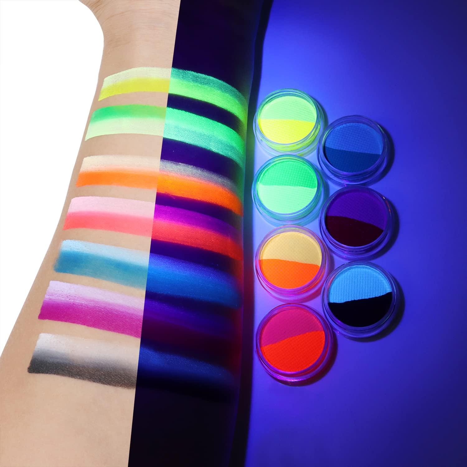 Water Activated Split Cake Eyeliner UV Glow Blacklight Fluorescent Paint  Onmay 14 Bright Color Retro Graphic Hydra Eye Liner Body Face Paint  Halloween Makeup (14color)