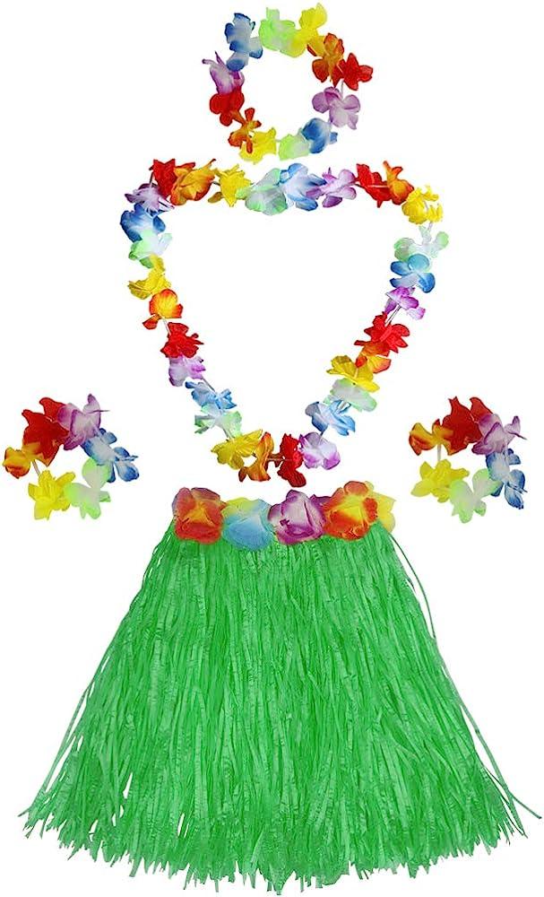 Girl's Elastic Hawaiian Hula Dancer Grass Skirt with Flower Costume  Set-Green