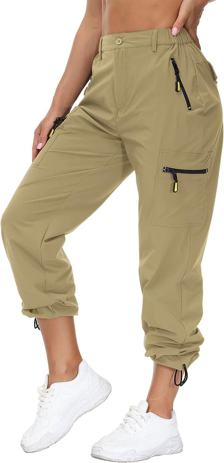 VVK Women's Hiking Cargo Pants Lightweight Quick Dry Outdoor Athletic Pants  Camping Climbing Golf Zipper Pockets Khaki Medium