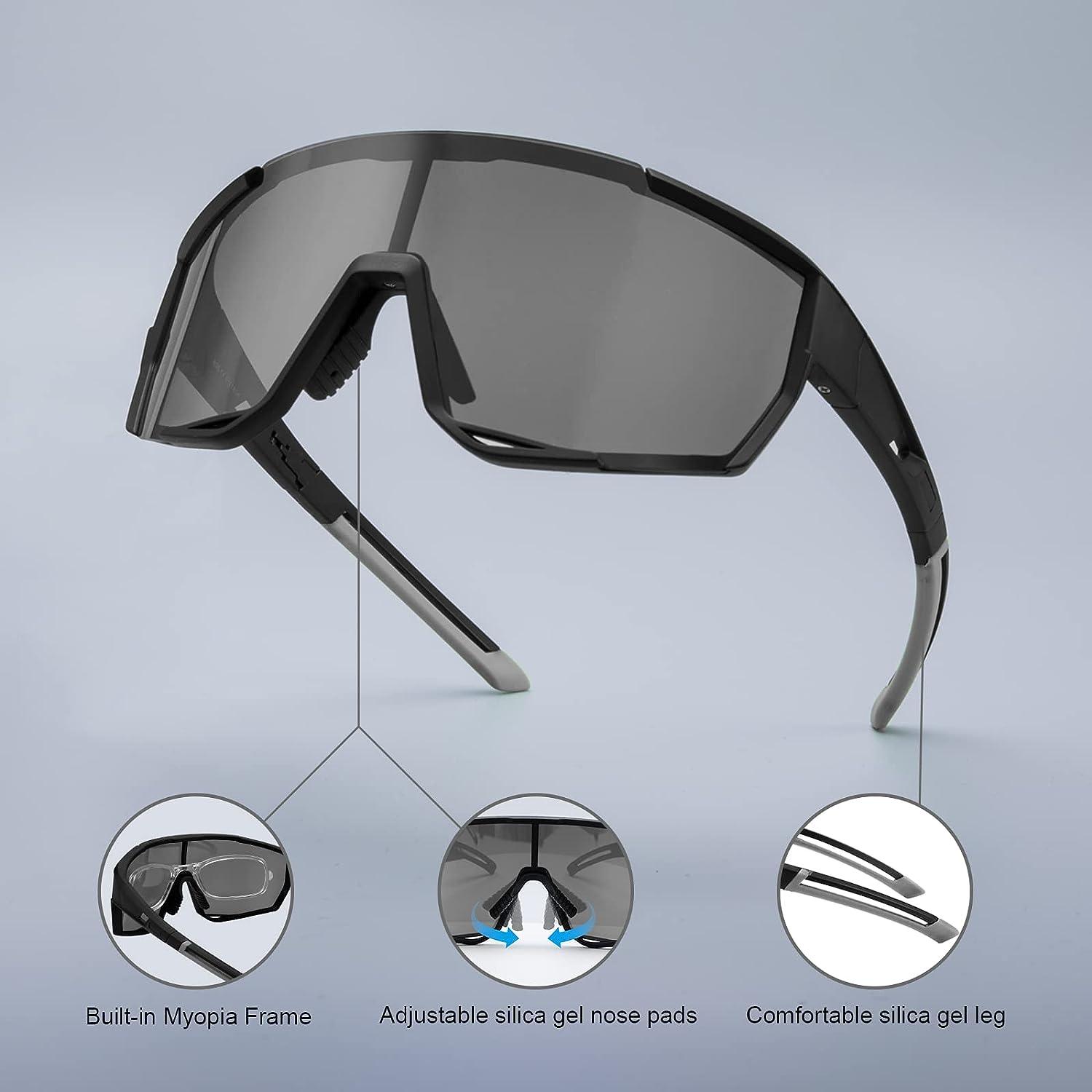 Polarized Cycling Glasses Sports Sunglasses with 5 Lenses for Men Women,  UV400 TR90 Lightweight Baseball Running Fishing Golf Black-silver