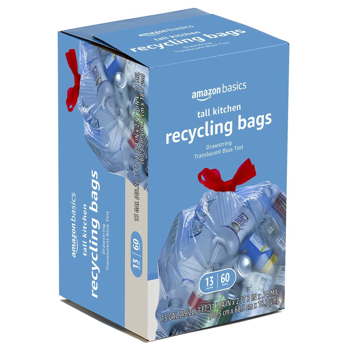 Basics Blue Recycling Trash Bags, Unscented, 13 Gallon, 60 count