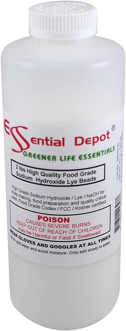 Essential Depot 32 lbs Food Grade Sodium Hydroxide Lye Evenly-sized Micro Pels (Beads or Particles) - 16 x 2lb Bottles - Lye Drain Cleaner - HDPE