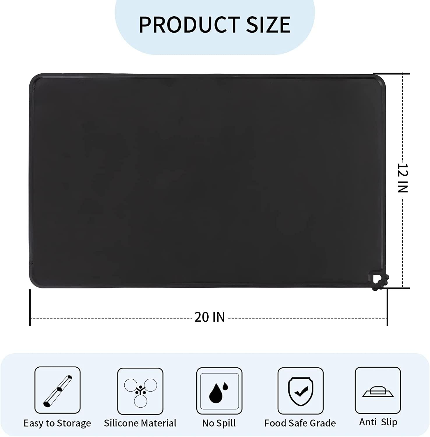 20 x 12 Inch Grey/Black/Blue Silicone Waterproof Pet Feeding Mat, Dog Cat  Bowl Mat for Food and Water,Raised Edges, Anti-Slip Tray Mats