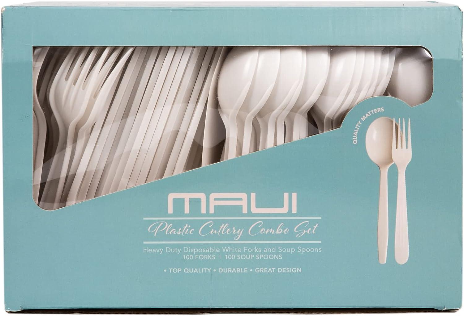 MAUI Plastic Forks And Spoons- Heavy Duty Disposable 100 Forks & 100 deep  wide Soup Spoons(Set of 200 Total) - Strong Heavyweight Easy to Open Set 