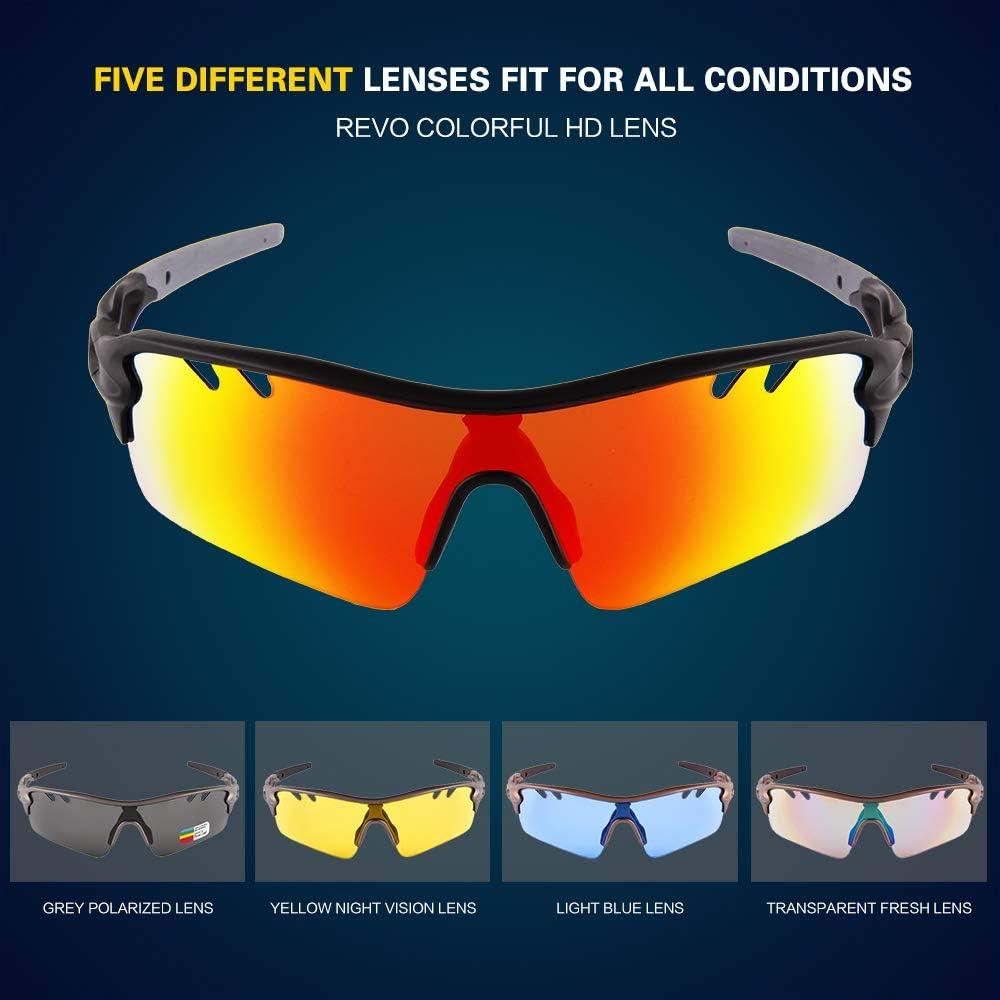 Polarized Sports Sunglasses Cycling Sun Glasses for Men Women with 5  Interchangeable Lenes for Running Baseball Golf Driving Black Gray
