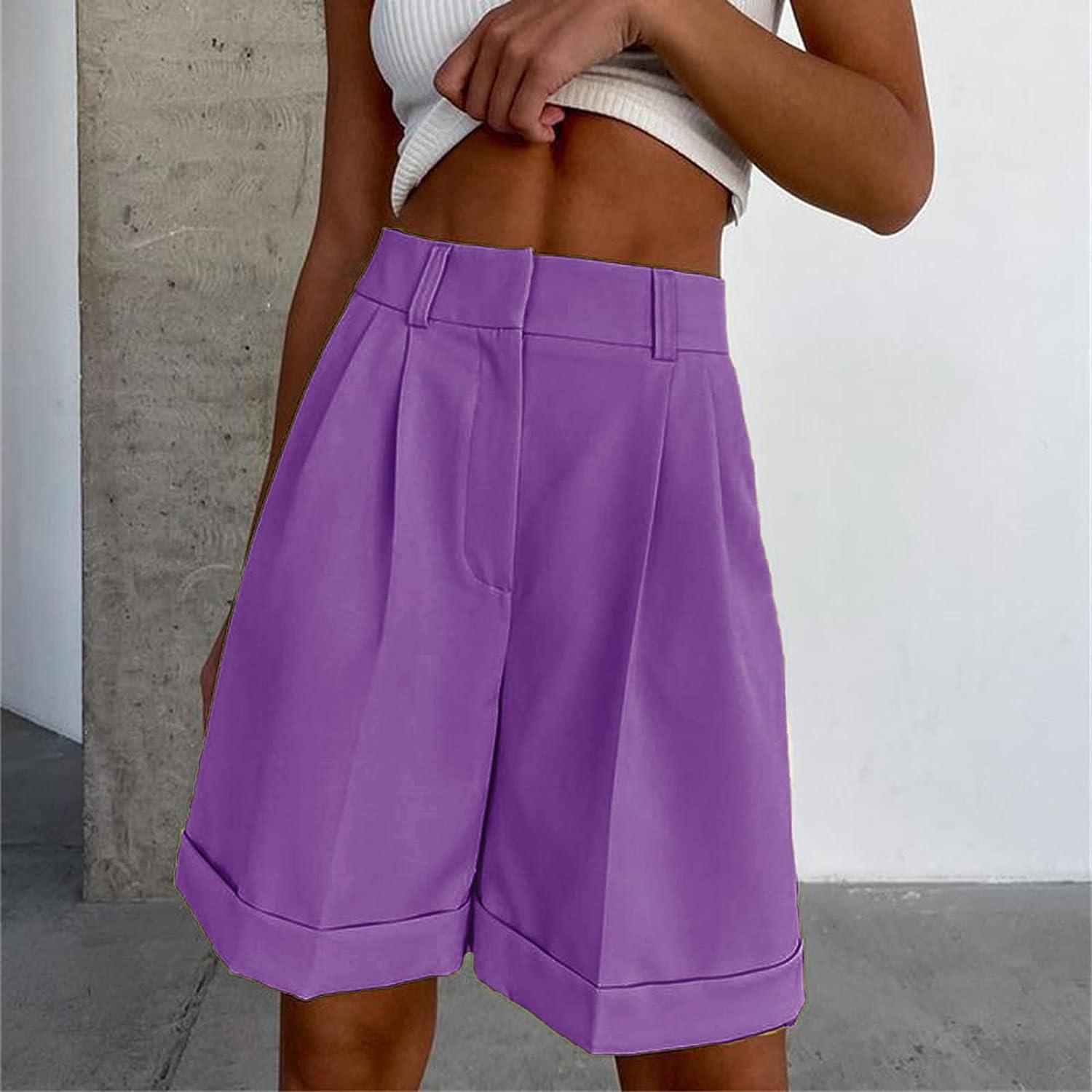 Clearance RYRJJ Women Business Casual Button Dress Shorts High Waist Wide  Leg Pleated Shorts Summer Solid Bermuda Shorts with Pockets(Purple,S) 