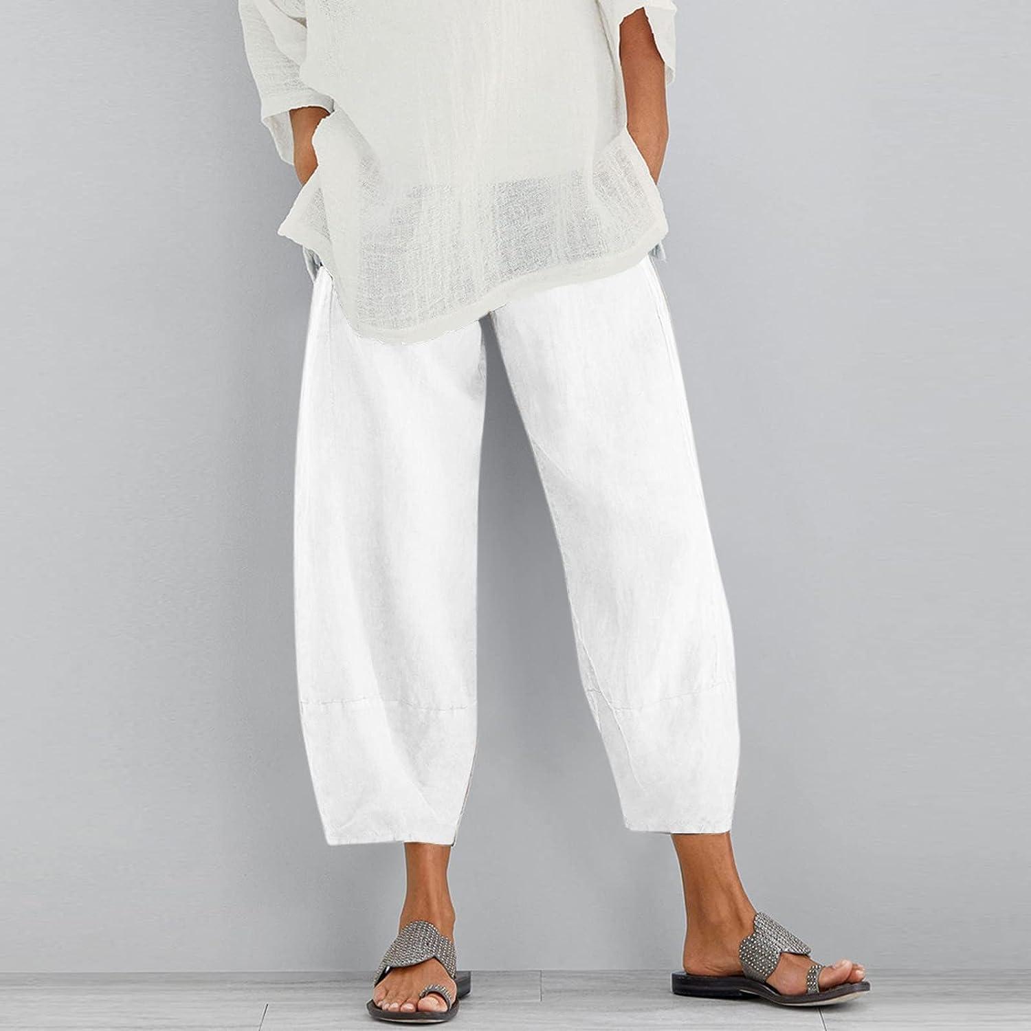 SHOPESSA Womens Plus Size Capri Pants Summer Casual Cotton Linen