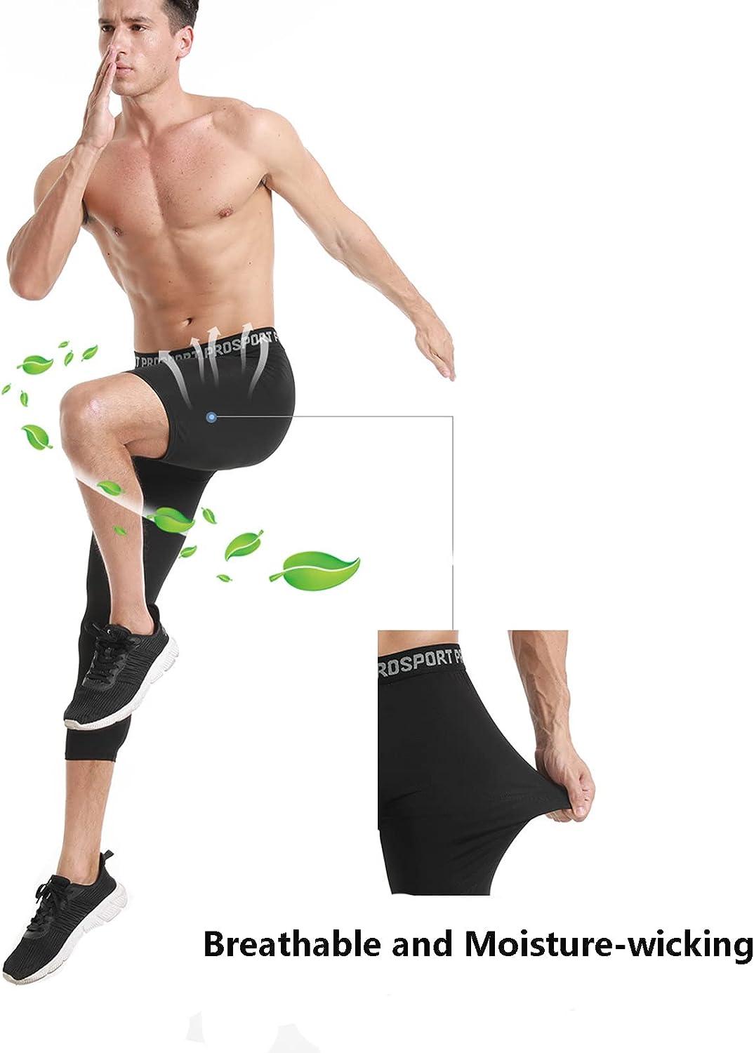 Men One Leg Compression 3/4 Capri Tights Pants Athletic Basketball Base  Layer