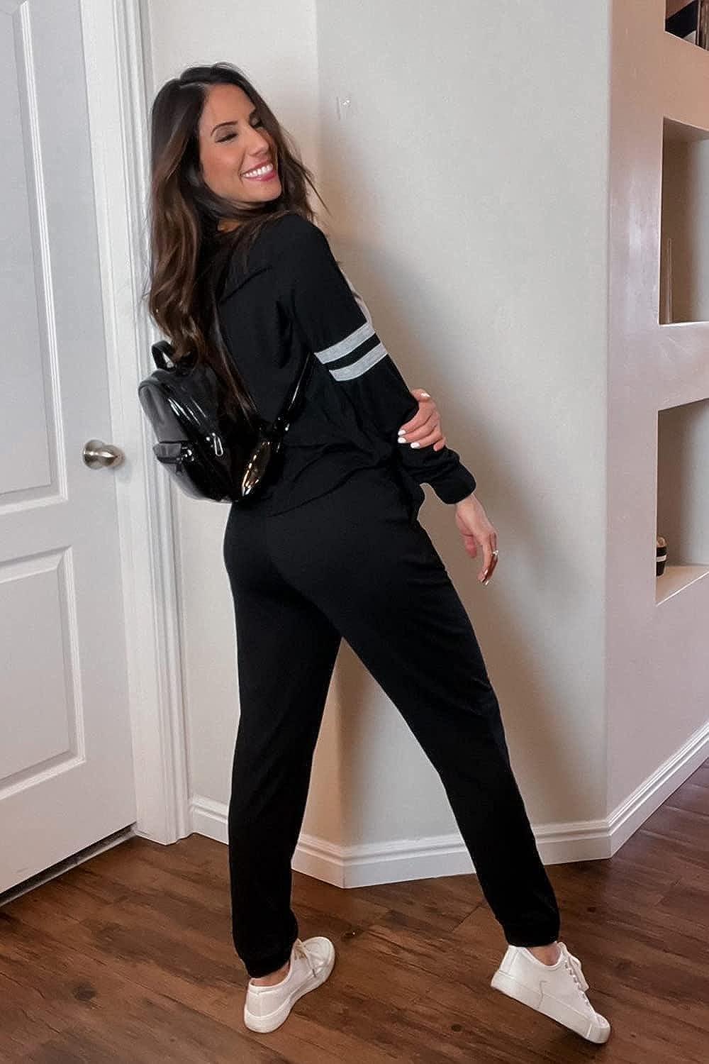 PRETTYGARDEN Women's Color Block 2 Piece Tracksuit Crewneck Long Sleeve  Tops Long Sweatpants Outfits Lounge Sets Black Medium