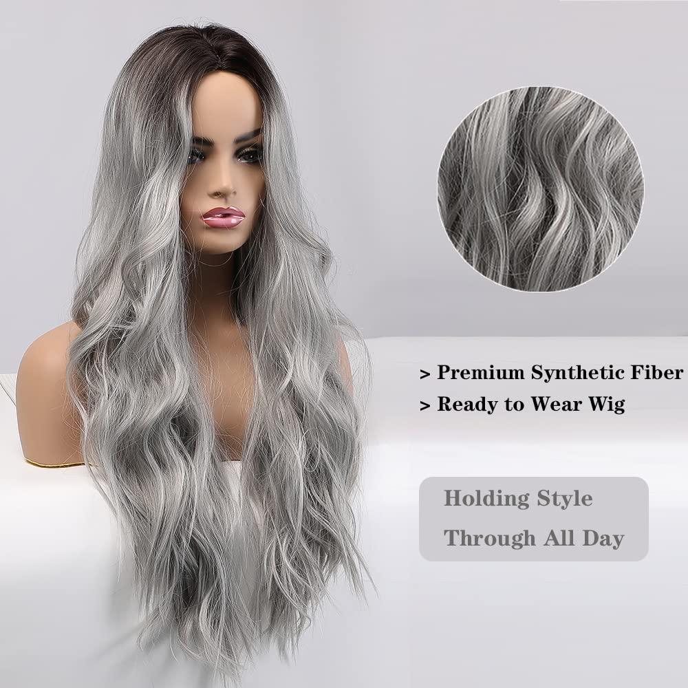 AISI HAIR Synthetic Long Straight Grey Ombre Wigs Middle Part - Import It  All