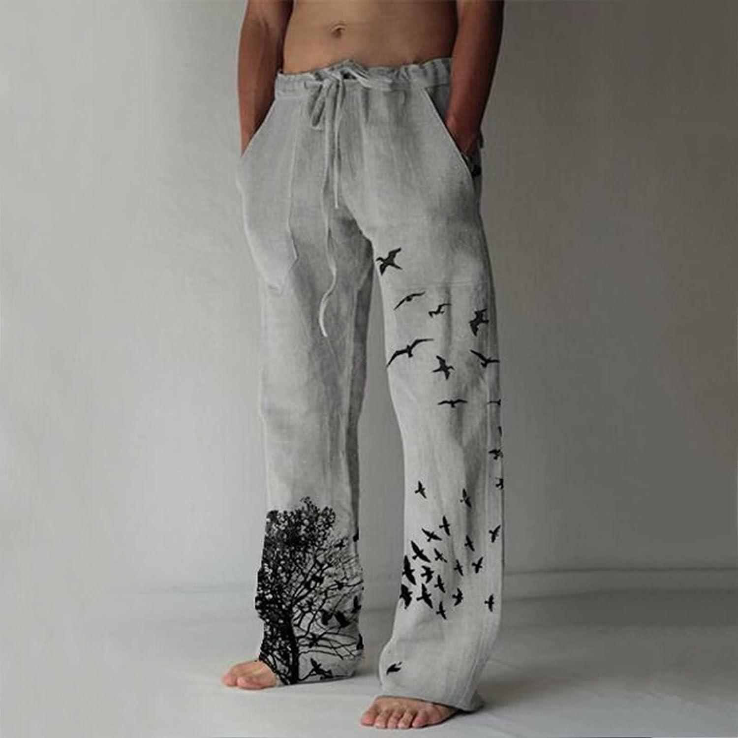 Fashion Pattern Lounge Pants for Men Relaxed Cotton Linen Loose Open Bottom  Long Straight Leg Yoga Pants with Pockets Pajamas Type A-grey Medium